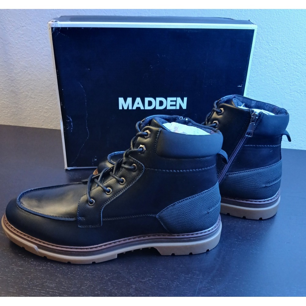 Madden Steve Madden MLORINN Mens Black Moc Toe Side Zip Lug Sole Boots 12 NEW